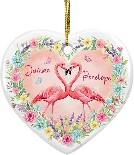 Couple Flamingo Marriage Christmas Heart Ornament 2025, Personalized Ornament Gift for Just Married Wedding, Pink Flamingo with Floral Keepsake, Custom Names Couple Bird Ceramic Ornaments Xmas