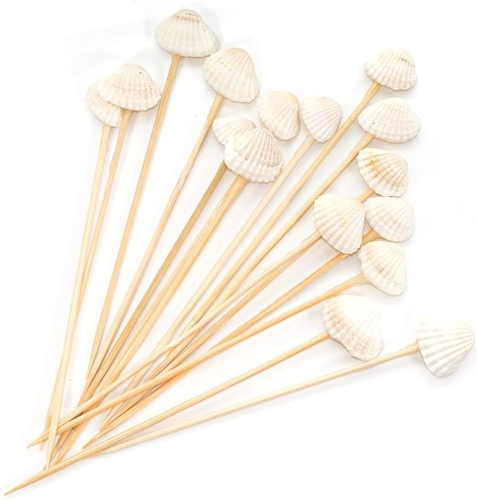 PuTwo 100 pcs Cocktail Picks, 4.7 Inch White Seashell Bamboo Cocktail Picks, Bamboo Toothpicks, Skewers for Appetizers, Mini Food Sticks for Drinks, Sandwiches, Party Supplies