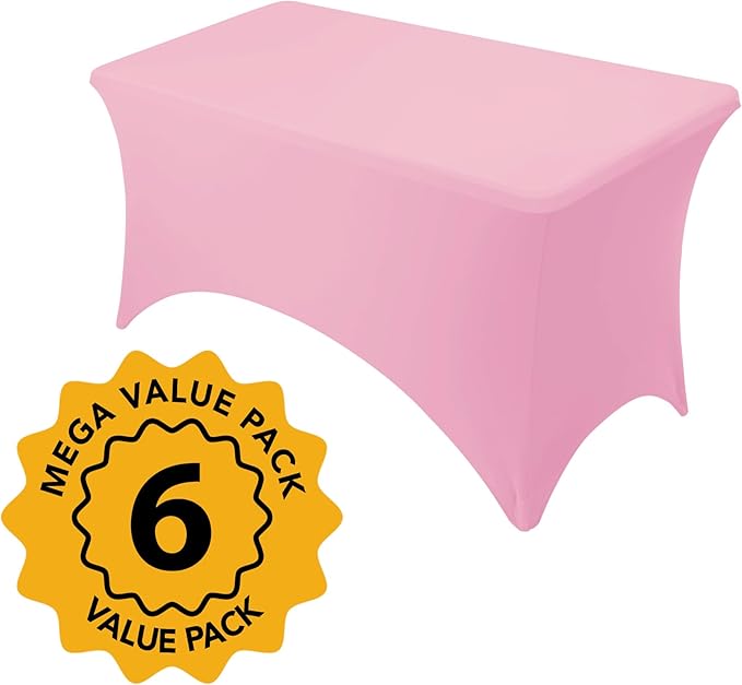 6-Pack Premium Pink Spandex Tablecloths for 4ft Rectangle Tables, Stain & Wrinkle-Resistant, Washable Stretch Polyester Fitted Table Cover for Weddings, Banquets, Trade Shows Events
