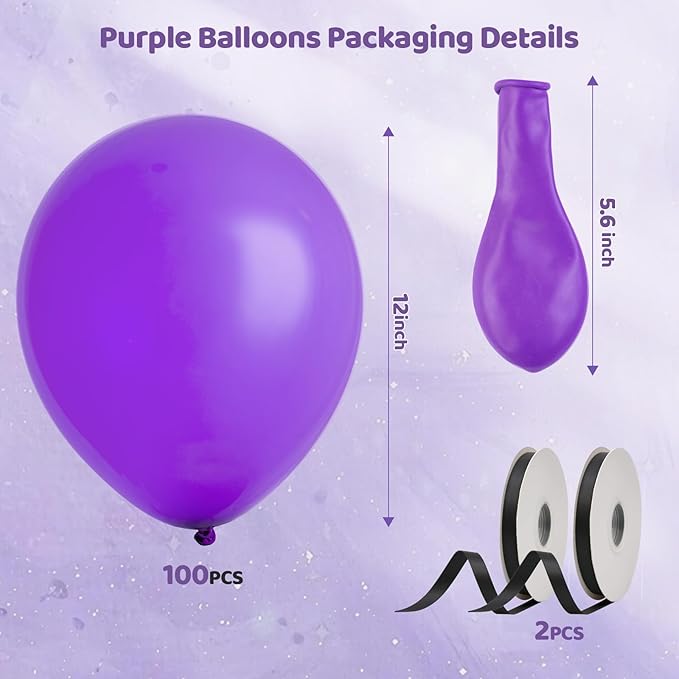 Purple Halloween Balloons, Latex Party Balloons with Ribbons, 100 Pack 12 inch Round Helium Balloons for Purple Wedding,Graduation,Birthday,Halloween Party Decorations and Spooky Party