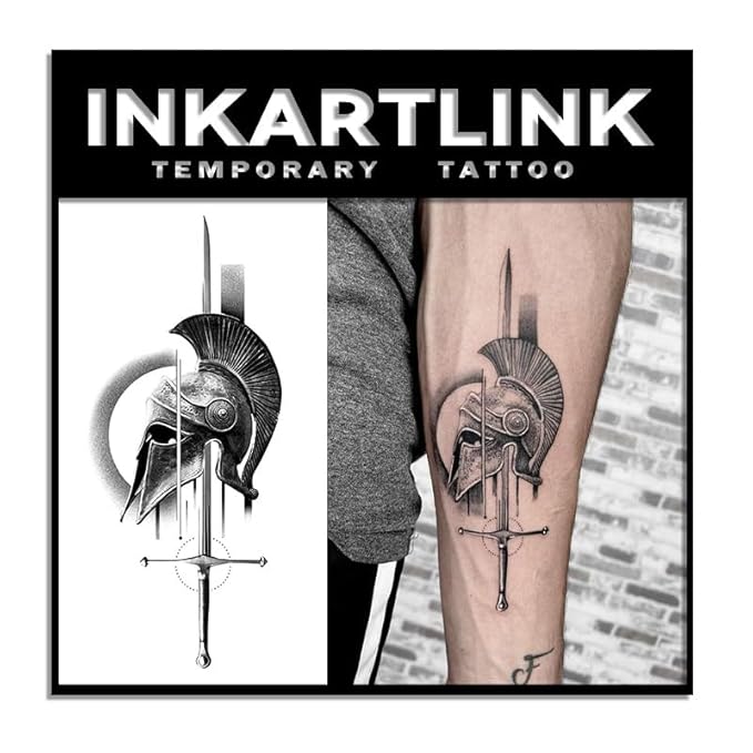 INKARTLINK Tattoo Tech, 2 Sheets Medium Semi Permanent Tattoo, Adult Art Design Temporary Tattoos, Lasts 1-2 Weeks, Waterproof, Realistic Look, No Reflection (Helmet And Sword)