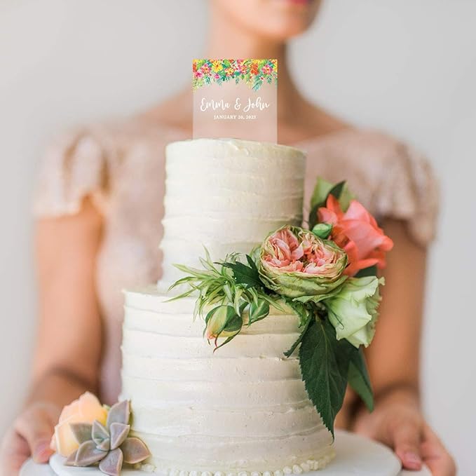 Andaz Press Tropical Beach Floral Custom Wedding Cake Topper, Acrylic Square Personalized Couple Cake Topper