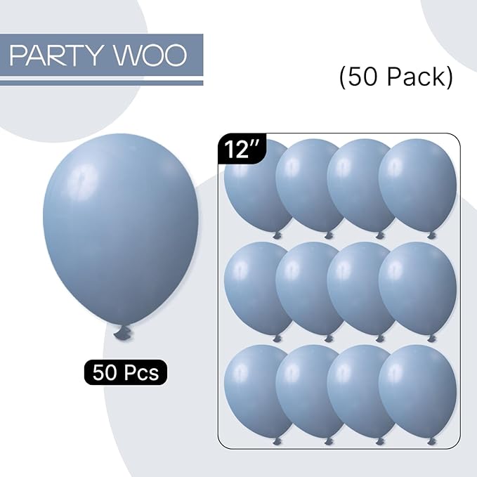 PartyWoo Dusty Blue Balloons 50pcs 12 Inch Slate Blue Boho Neutral Latex Helium Balloons for Baby Shower Gender Reveal Wedding Anniversary Graduation Cat Tornado Birthday Party Decorations Blue-F55