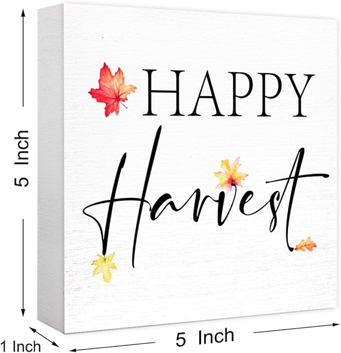Funny Autumn Wood Box Sign Happy Harvest Wooden Block Desk Decor for Home Office Kitchen Cubicle Table Shelf Tabletop,Farmhouse Fall Sign Decor