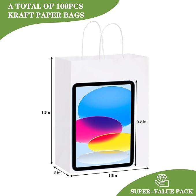 OUTUXED 100pcs White Paper Gift Bags 10x5x13in Kraft Large Paper Bags with Handles Bulk for Business, Shopping, Grocery, Retail, Birthday Wedding Party Favor, Merchandise