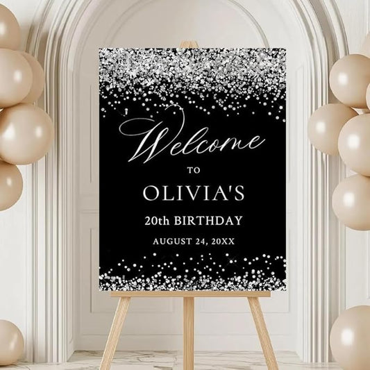 Welcome Sign Birthday Party, Black and Silver Welcome Sign Party, Silver Glitter Birthday Party Sign, Birthday Poster Decoration, welcome sign for birthday parties