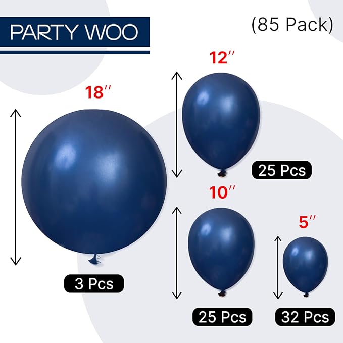 PartyWoo Navy Blue Balloons, 85 pcs Pearl Navy Blue Balloons Different Sizes Pack of 18 Inch 12 Inch 10 Inch 5 Inch Navy Balloons for Balloon Garland or Balloon Arch as Party Decorations, Blue-Z90