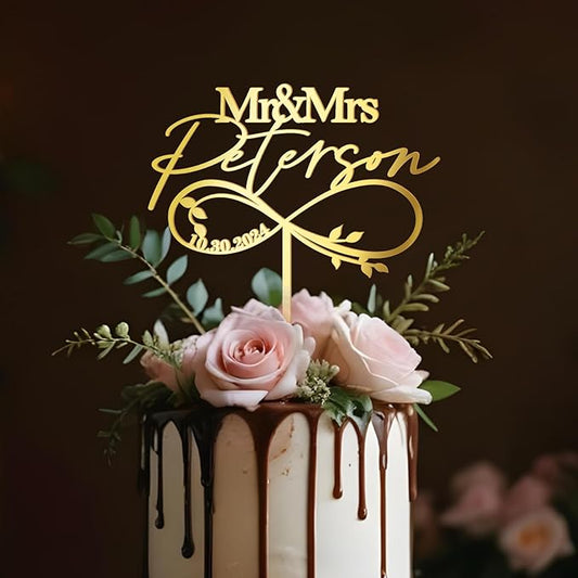 Mr & Mrs Wedding Cake Topper Custom Last Name and Date Personalized Wedding Anniversary Cake Decoration Leaves Infinity in Acrylic