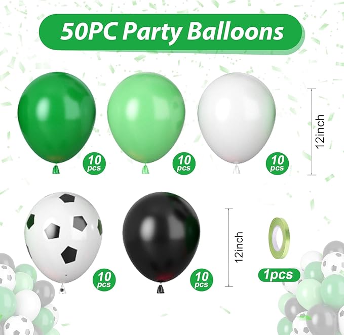 Green Black White Balloons, 50pc Soccer Birthday Balloons, Dark Green Light Green Balloon, Soccer Printed Balloon for Boy Man Sports Game Football Theme Birthday Party Baby Shower Bachelorette Decor