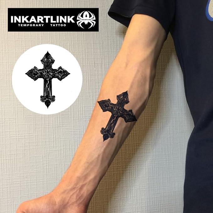 INKARTLINK Tattoo Tech, 2 Sheets Large Semi Permanent Tattoo, Adult Art Design Temporary Tattoos, Lasts 1-2 Weeks, Waterproof, Realistic Look, No Adhesive, No Reflection (Black Cross Design)