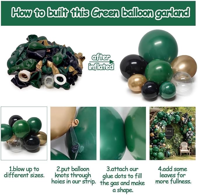 Dark Green Black Balloon Arch Double Stuffed Emerald Hunter Green Black Gold Balloon Garland Kit for Birthday Christmas Wedding Bridal Baby Shower Jungle Graduation New Year Party Decor