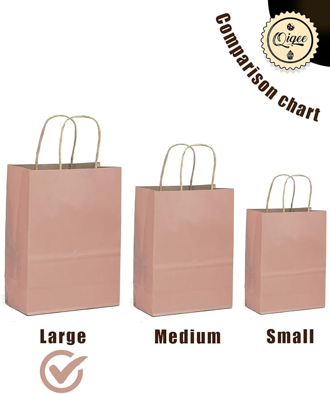 qiqee Large Kraft Paper Bags with Handles 13"x10"x5" 32 pcs Gift Paper Bag Cinnamon Pink Solid Color Bags（Large Size）
