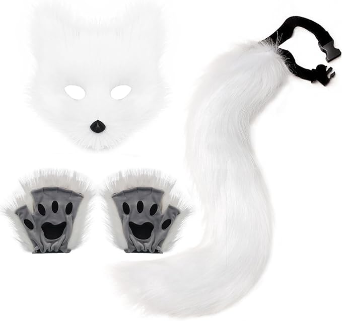 Adolala Faux Fur Fox Tail Cat Wolf Set Plush Mask Fluffy Paw Gloves Halloween Christmas Party for Women