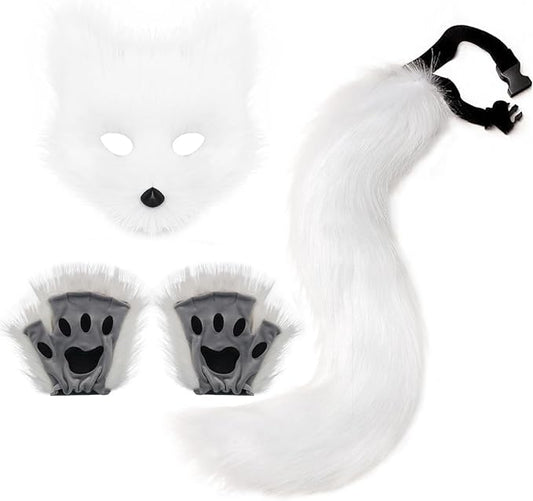 Adolala Faux Fur Fox Tail Cat Wolf Set Plush Mask Fluffy Paw Gloves Halloween Christmas Party for Women