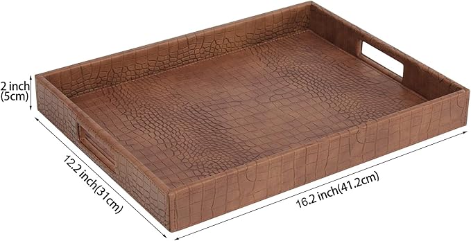 HofferRuffer Rectangle Serving Tray with Hole Handles for Coffee Table, Breakfast, Tea, Food, Butler - Countertop, Kitchen, Vanity Serve Tray, 16.2 x 12.2 x 2 inches, Faux Leather (Antique Brown)