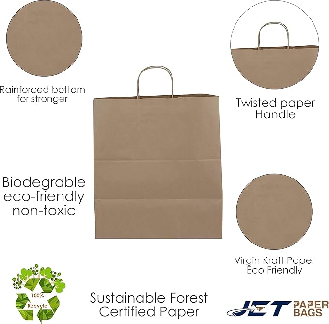 JET PAPER BAGS - 14”x9”x16” Inch [100 Pcs] Large Brown Paper Bags with Handles Prime for Takeout, Grocery, Goody, Retail, Party, Gifts, Weddings