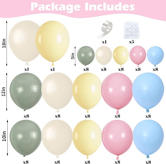 Pink Green Balloons Arch Sage Green Pink Blue Yellow White Balloon Garland Pastel Blue Yellow Beige Olive Latex Balloons Fairy Birthday Tea Goose Party Decorations Wedding Wildflower Baby Shower