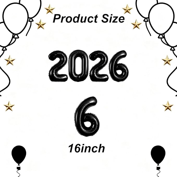Black 2026 Balloons New Years Balloons 2026 Balloon Nnumbers for Happy New Year Decorations 2026 Signs Graduation Anniversary Balloons Decor