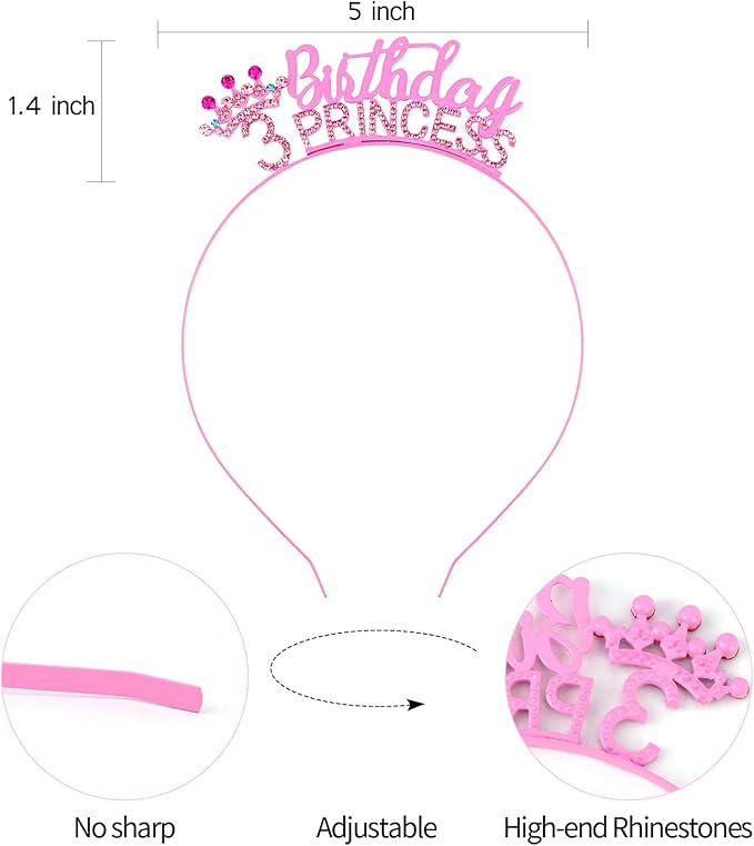 VELSCRUN 2nd 3rd 4-9th Birthday Princess Headband Pink Tiara Crown for Girls It's My Birthday Sash Party Decorations Gifts