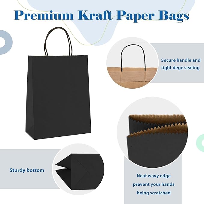 GSSUSA 600 Pack 8x4.25x10'' Paper Bags with Handles Bulk, Black Paper Gift Bags for Small Business