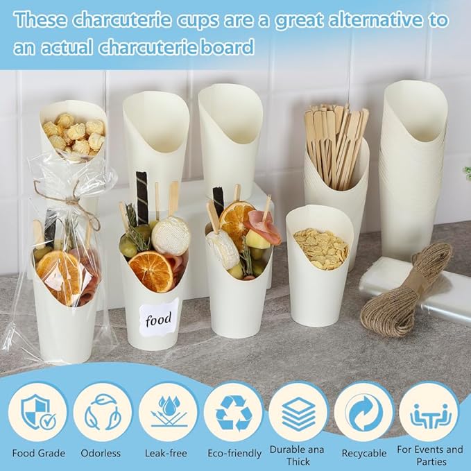 12oz White Charcuterie Cups 50 Pcs, 100 Sticks + 50 Plastic Bags + 50 Labels, Disposable Charcuterie Cups with Sticks and Bags, Individual French Fry Cup Paper Appetizer Cup for All Parties