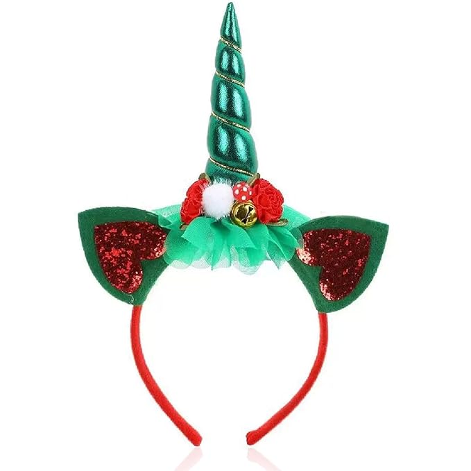 Christmas Unicorn Headband for Women - Festive Green Glitter Unicorn Ear Hairband, Cute Holiday Party Headwear for Xmas, New Year, Costume, Photo Props, Family Accessories