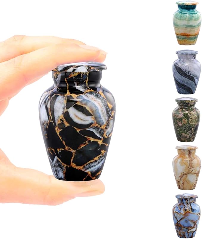 Small Keepsake Cremation Urns for Human Ashes - Marble Finish Metal Keepsake Urn - Mini Cremation Urn for Pet Ashes - Handcrafted Memorial Urn - Funeral Urns with Velvet Bag (Luxury Black)