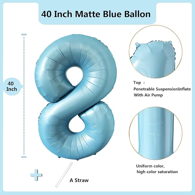 40 Inch Matte Blue 8 Number Balloons Light Blue Number 8 Foil Balloon Mylar Helium Balloon for Birthday Party Decoration Wedding Anniversary Supplies (Number 8)