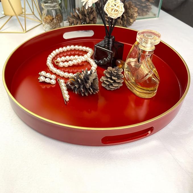 13" Round Decorative Tray, Red Serving Tray with Handles, Plastic Coffee Table Tray for Ottoman, Living Room, Bathroom, Décor.