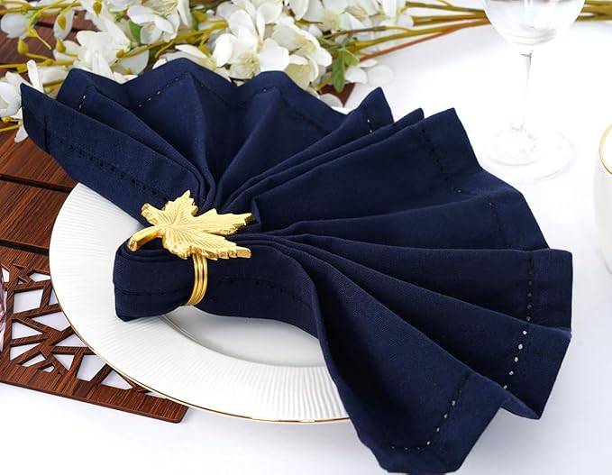Blue Needles Navy Blue Hemstitch Linen Napkins Set of 12-100% Cotton Cloth Dinner Napkins 18x18 inches, Soft, Reusable, Absorbent, Washable Ideal for Fall Thanksgiving Events, Parties & Everyday Use