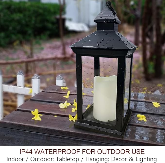 Bright Zeal 14" Decorative Candle Lantern Black Outdoor Lanterns with Timer Candles - Cool White Waterproof Vintage Lanterns Battery Powered LED Decorative for Wedding - Hanging Wall Lanterns Indoor