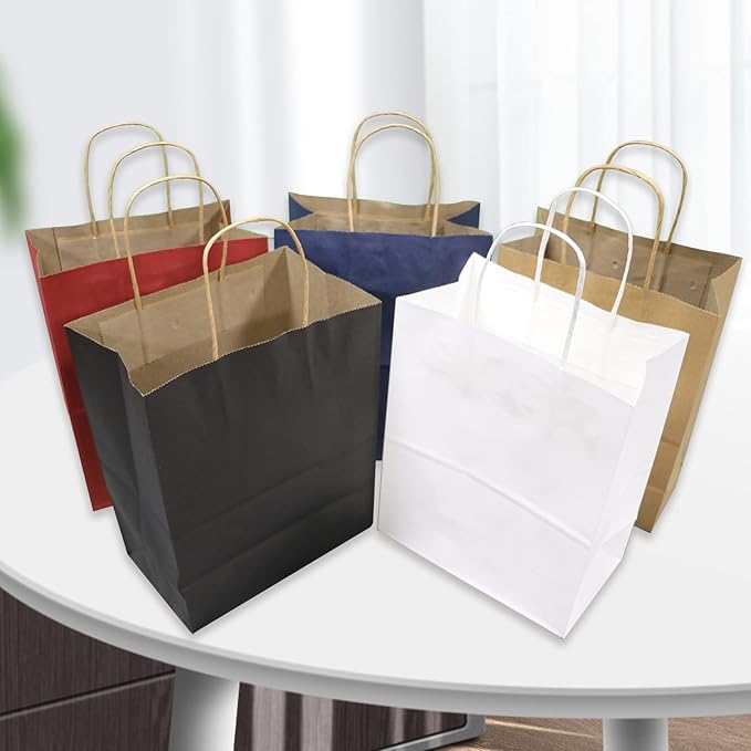 FACEBAG 50 PCS Black Paper Bags with Handles Bulk, 8x4.25x10.5 Inches,Medium-sized Gift Bags for Party Favors，Take-Out，Grocery Shopping & Retail,Christmas,weddings,Reusable & Durable