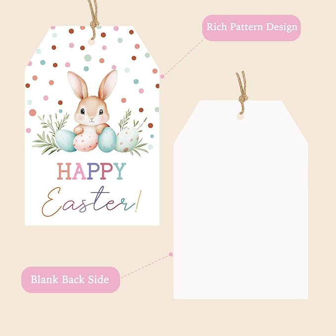 Easter Gift Tags, 50PCS Happy Easter Bunny Tags, Cute Pastel Egg Gift Tags with String, 2.2"x3.3" Paper Tags for Easter Basket, Holiday Party Favors, DIY Gift Wrapping
