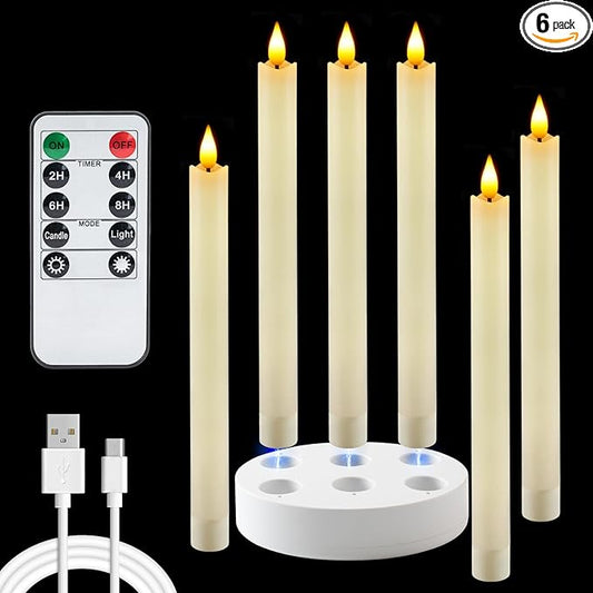 Homemory Rechargeable Flameless Taper Candles, Real Waxy LED Candlesticks Flickering, Battery Operated Candles with Remote Timer, 9.6 Inches for Home Wedding Christmas Decor, 6 Pcs, Ivory
