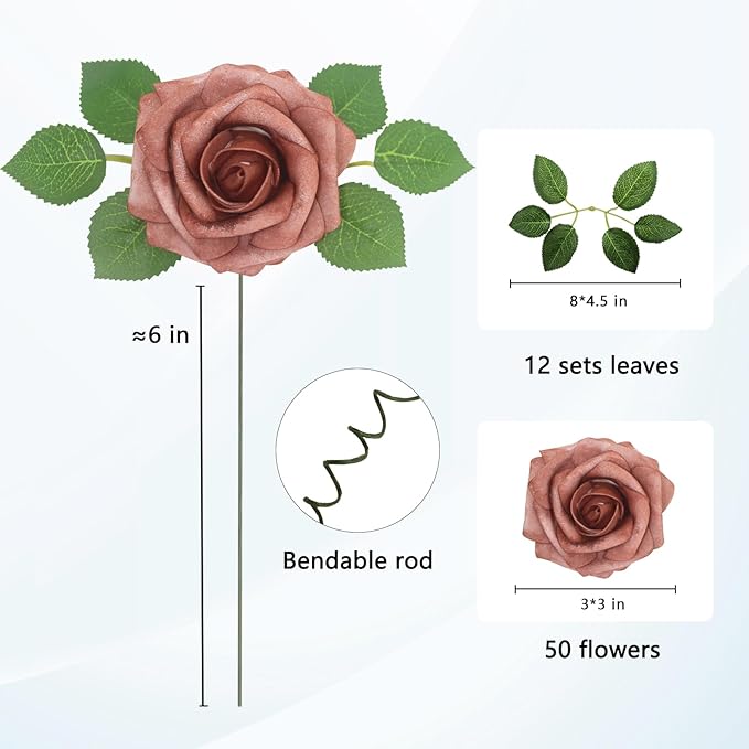 JOYLEX 50PCS Warm Taupe Artificial Flowers Realistic Roses, Real Looking Fake Roses with Stem for DIY Wedding Bouquets Centerpieces Bridal Shower Party Home Romantic Decorations (Warm Taupe, 50pcs)