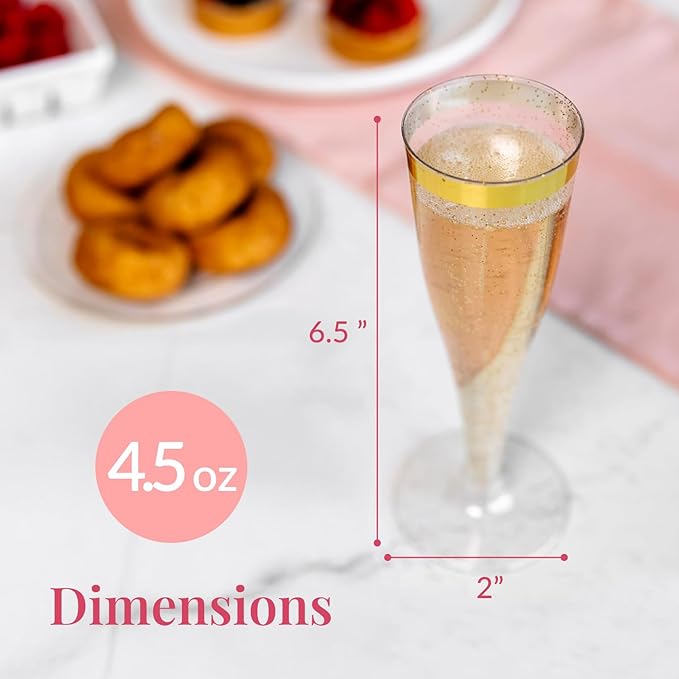 Prestee 48 Disposable Plastic Champagne Flutes with Gold Rim Glitter - Clear Toasting Glasses for Mimosa, New Year’s Eve Party, and Elegant Celebrations - Premium Quality Disposable Stemware
