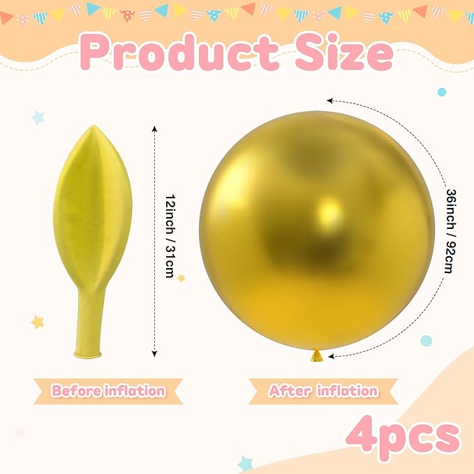 36 inch Metallic Gold Giant Balloons, 4pcs large latex round balloons for Photo Shoot, balloons garland or arch as wedding decorations, retirement party,baby shower party,birthday decorations