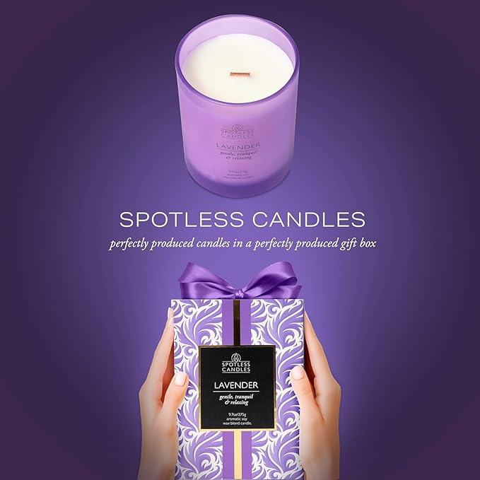 Lavender Candle - 9.7 oz /275g Lavender Scented Candle in Purple Glass Jar with Wooden Lid and Wooden Crackling Wick in a Luxurious Gift Box - Gentle, Tranquil and Relaxing