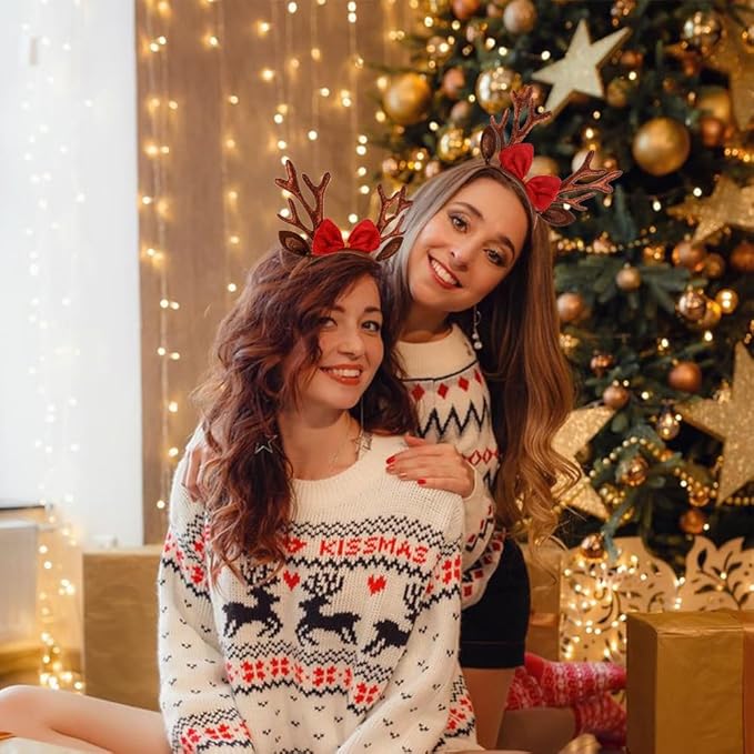 TODDER Brown Christmas Headband, Reindeer Antlers Ears Headband for Adults and Kids, Christmas Hair Accessories Deer Antlers Costumes for Themed Parties and Cosplay