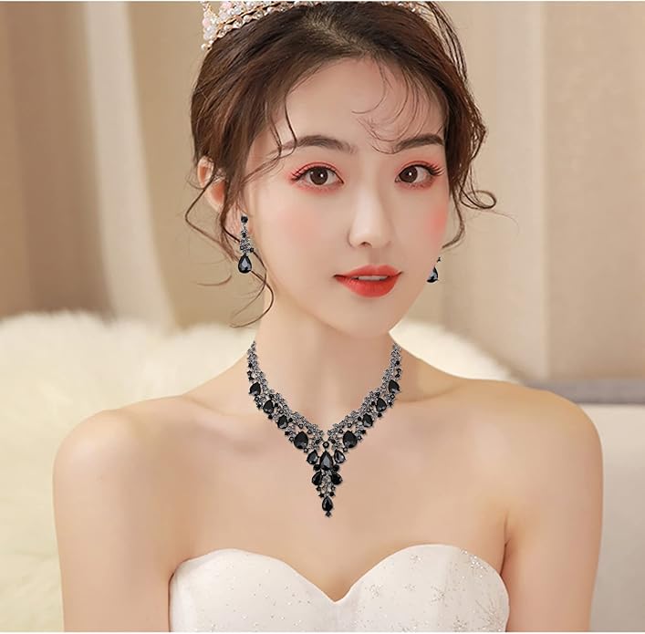 CSY Elegant Crystal Costume Jewelry Sets Flower Bridal Necklace Earrings Stretch Bangle Set for Bride Bridesmaid Wedding Dress Accessories