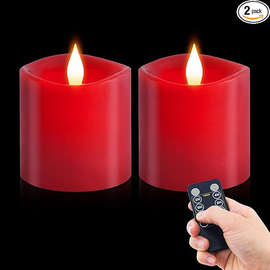 3x3 Flickering Flameless Candles Set of 2, LED Battery Operated Candles, 3 inch Flameless Candles with Remote Control, Suitable for Wedding Holiday Decoration,Red