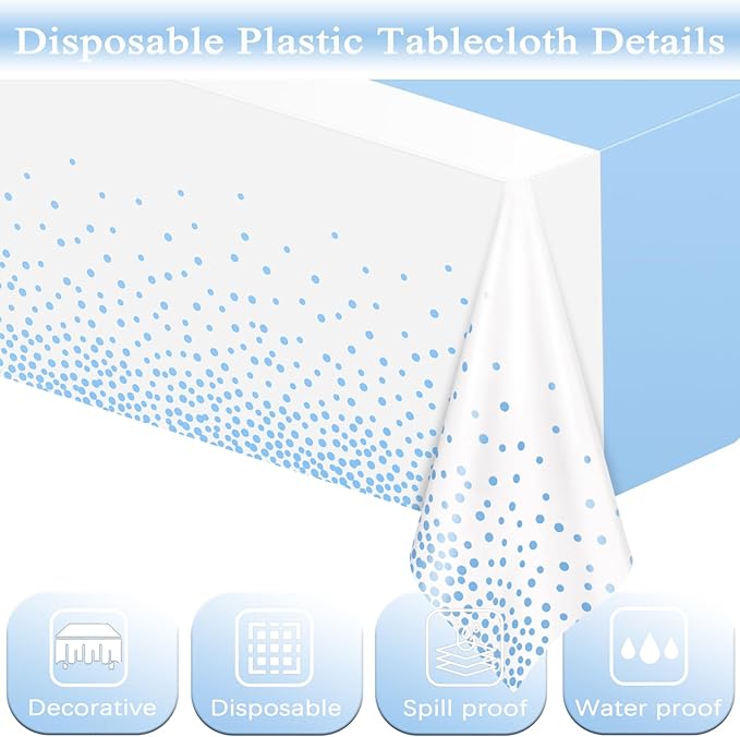 WNINK 4 Pack White and Light Blue Tablecloths, Light Blue Disposable Plastic Waterproof Table Cover, 54" x 108", for Birthday, Baby Shower，Wedding, Bridal Shower, Picnic Camping Parties