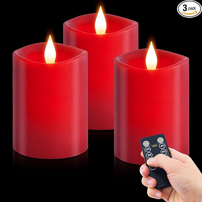 3x4 Flickering Flameless Candles Set of 3,Real Wax Pillar led Candles Flickering,4 inch Flameless Candles with Remote,for Party Wedding Holiday Home Decor,Red