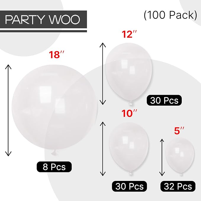 PartyWoo Clear Balloons 100 pcs Different Sizes of 18 12 10 5 Inch Transparent Bubble Latex Helium Balloon Arch Kit Garland for Graduation Wedding Baby Shower Birthday Party Decorations Clear-Y2