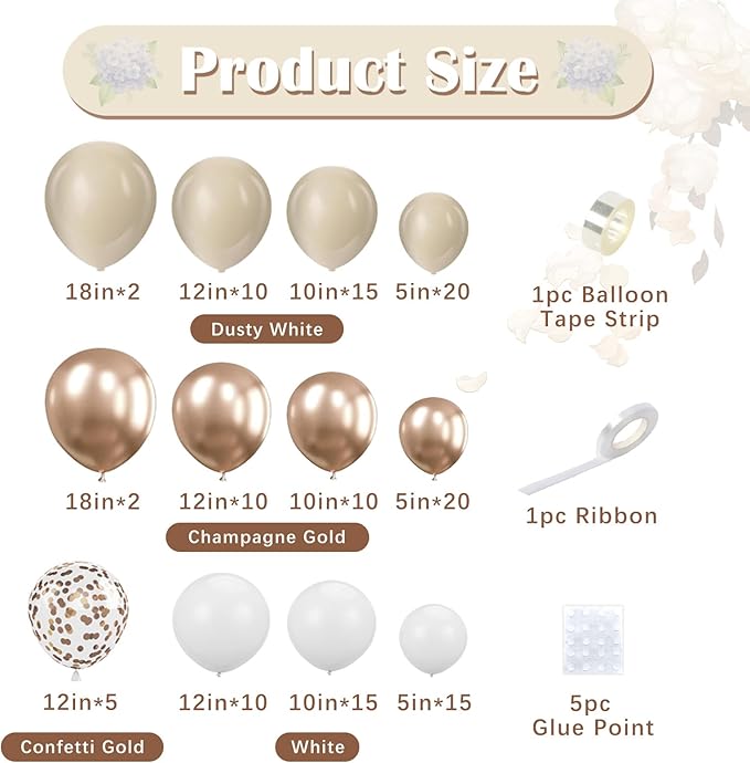 Champagne Gold and White Balloon Arch Kit, 134pcs Metallic Gold Confetti Balloons Garland Kits for Birthday Wedding Baby Shower Bridal Party Anniversary Decorations