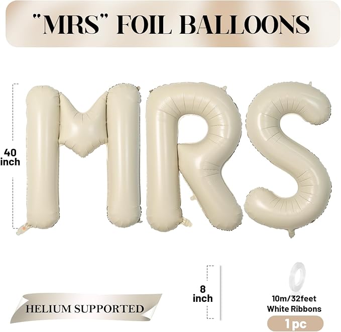 Biapian 40 Inch MRS Letter Balloons, Big Cream MRS Foil Balloons, 3 Pcs Giant Foil Large Aluminum Balloon Helium for Wedding Bride to Be Anniversary Couple Sweetheart Hen Party Decoration (Cream)