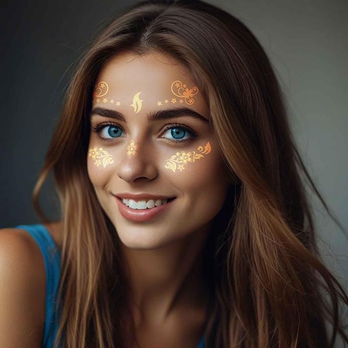 12 Pcs Gold Face Temporary Tattoo Sticker, Glitter Metallic Face Tattoo Stickers, Glitter Freckles, Sparkle Makeup Patches Freckle Tattoos for Women Girls Party Decor 650