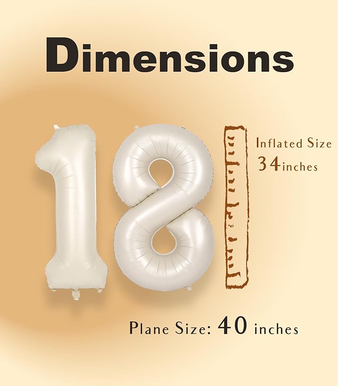 SUWEN 40 Inch Cream White Large 18 Number Balloons Big Foil Helium Number Balloons 0-9 Jumbo Happy 18th Mylar Birthday Party Decorations for Boy or Girl 81 Anniversary Party Supplies