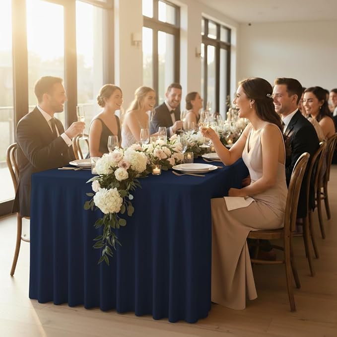 HolidayIdeas Spandex Table Skirts for Rectangle Tables 4 Ft, Fitted Stretch Table Cover 24x48 Inch, Wrinkle-Free Ruffle Design Tablecloths for Banquets,Trade Shows, Parties, Events, 4 Pack, Navy