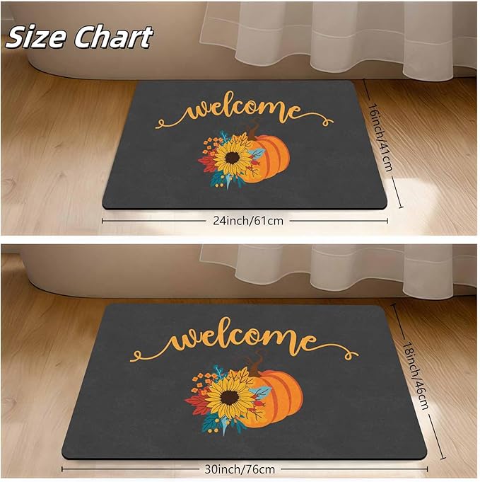 InterestPrint Fall Door Mat with Non-Slip Backing, Welcome Pumpkin Doormat Front Porch Rug Welcome Mats for Autumn Halloween Thanksgiving Farmhouse Decor, 24"x16"inch